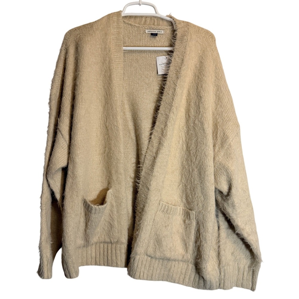 American Eagle Women Oatmeal Tan Fuzzy Eyelash Knit Oversized Cardigan Large NEW